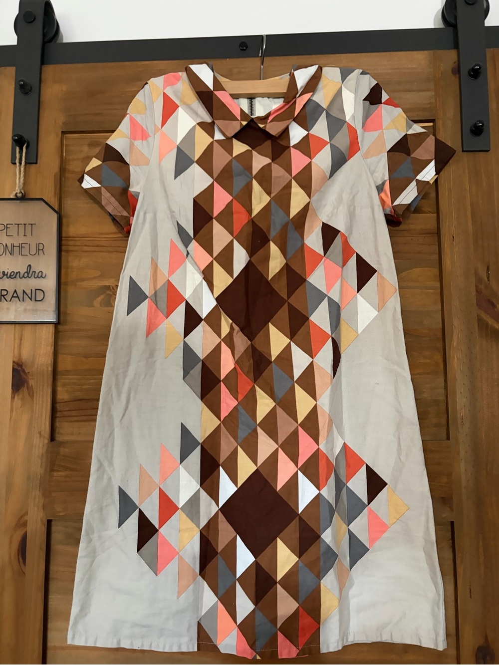 Geometric Print Dress in Cream with Coral & Brown Accentsy